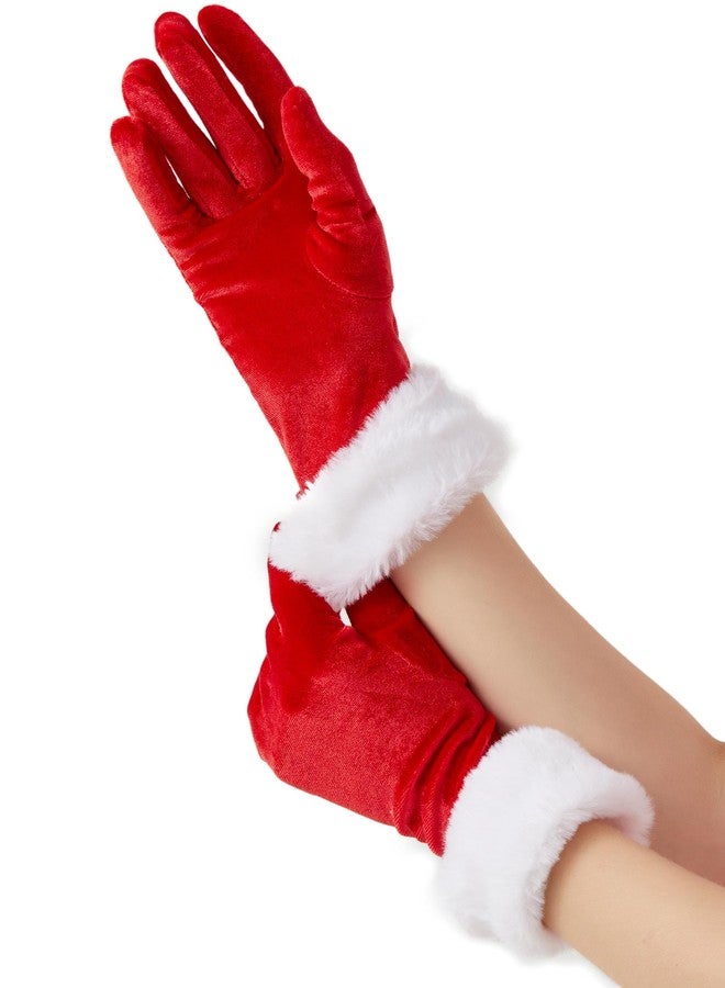 sodknow Santa Claus Gloves for Adults, Red Christmas Costume Velvet Gloves with White Fur Cuff, Mrs Claus Holiday Party Cosplay Accessories for Women & Men (1 Pair) - Image 2